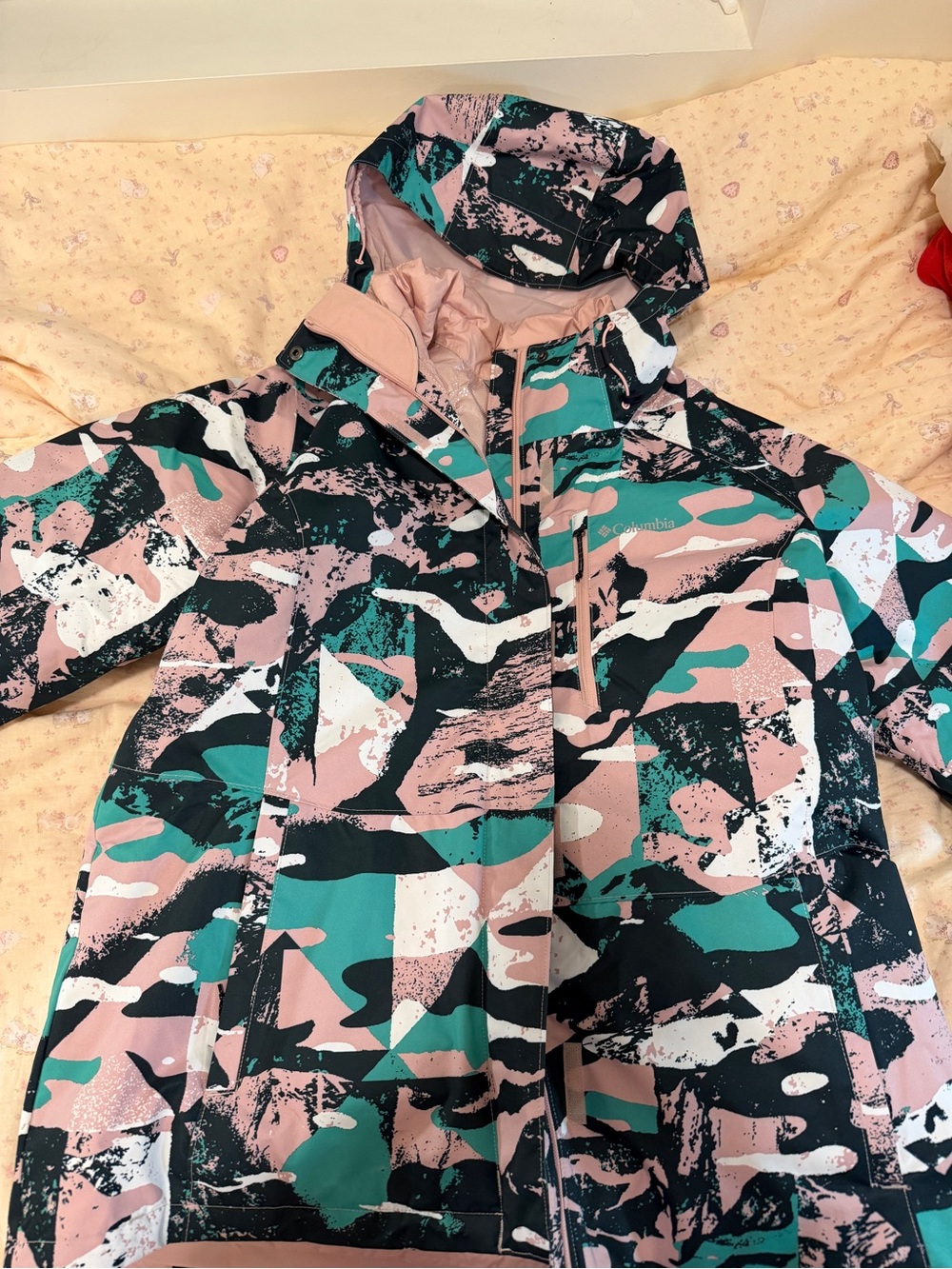 Columbia Girls' Pink Teal Black Patterned Raincoat with Hood
